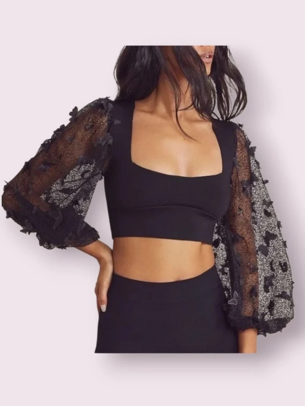 INTIMATELY FREE PEOPLE Flutter By Sheer Mesh Puff Sleeve Butterfly Crop Top S